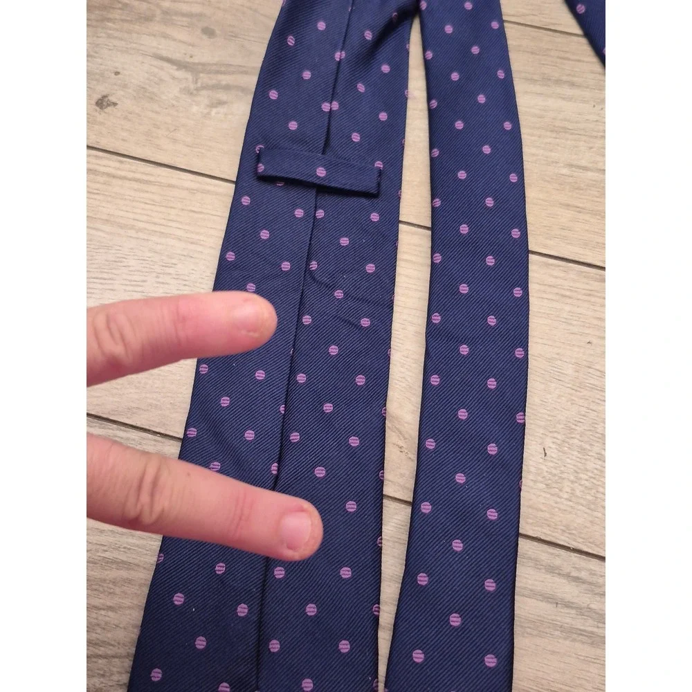 TM Lewin Mens Navy Blue Purple Polka Dot Pure Silk Handmade Necktie Tie